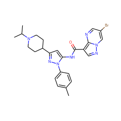 Cc1ccc(-n2nc(C3CCN(C(C)C)CC3)cc2NC(=O)c2cnn3cc(Br)cnc23)cc1 ZINC000204781768