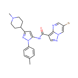 Cc1ccc(-n2nc(C3CCN(C)CC3)cc2NC(=O)c2cnn3cc(Br)cnc23)cc1 ZINC000204758503