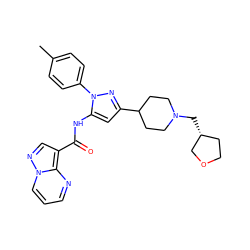 Cc1ccc(-n2nc(C3CCN(C[C@@H]4CCOC4)CC3)cc2NC(=O)c2cnn3cccnc23)cc1 ZINC000145882269