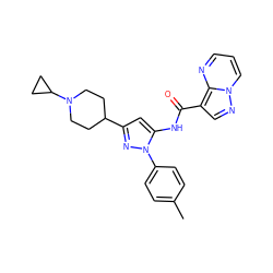 Cc1ccc(-n2nc(C3CCN(C4CC4)CC3)cc2NC(=O)c2cnn3cccnc23)cc1 ZINC000145887205