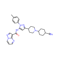 Cc1ccc(-n2nc(C3CCN(C4CCC(C#N)CC4)CC3)cc2NC(=O)c2cnn3cccnc23)cc1 ZINC000145871854