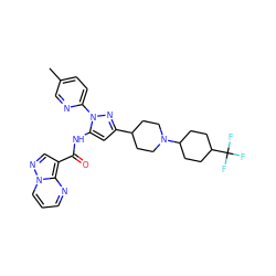 Cc1ccc(-n2nc(C3CCN(C4CCC(C(F)(F)F)CC4)CC3)cc2NC(=O)c2cnn3cccnc23)nc1 ZINC000204782304