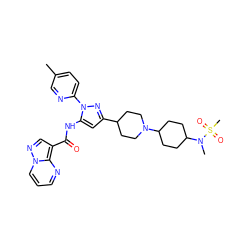 Cc1ccc(-n2nc(C3CCN(C4CCC(N(C)S(C)(=O)=O)CC4)CC3)cc2NC(=O)c2cnn3cccnc23)nc1 ZINC000204774514