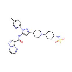 Cc1ccc(-n2nc(C3CCN(C4CCC(NS(C)(=O)=O)CC4)CC3)cc2NC(=O)c2cnn3cccnc23)nc1 ZINC000142387914