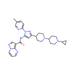 Cc1ccc(-n2nc(C3CCN(C4CCN(C5CC5)CC4)CC3)cc2NC(=O)c2cnn3cccnc23)nc1 ZINC000145882608