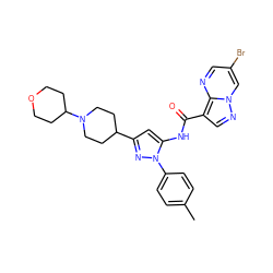 Cc1ccc(-n2nc(C3CCN(C4CCOCC4)CC3)cc2NC(=O)c2cnn3cc(Br)cnc23)cc1 ZINC000142510430