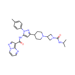 Cc1ccc(-n2nc(C3CCN(C4CN(C(=O)NC(C)C)C4)CC3)cc2NC(=O)c2cnn3cccnc23)cc1 ZINC000204761316