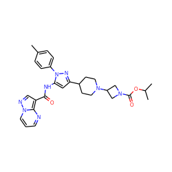 Cc1ccc(-n2nc(C3CCN(C4CN(C(=O)OC(C)C)C4)CC3)cc2NC(=O)c2cnn3cccnc23)cc1 ZINC000203757583