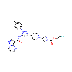 Cc1ccc(-n2nc(C3CCN(C4CN(C(=O)OCCF)C4)CC3)cc2NC(=O)c2cnn3cccnc23)cc1 ZINC000142430049