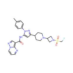 Cc1ccc(-n2nc(C3CCN(C4CN(S(=O)(=O)CF)C4)CC3)cc2NC(=O)c2cnn3cccnc23)cc1 ZINC000204757756