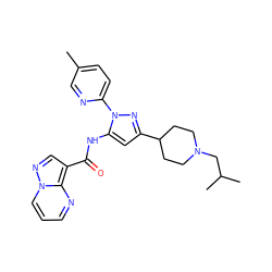 Cc1ccc(-n2nc(C3CCN(CC(C)C)CC3)cc2NC(=O)c2cnn3cccnc23)nc1 ZINC000145897341