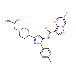 Cc1ccc(-n2nc(C3CCN(CC(N)=O)CC3)cc2NC(=O)c2cnn3cc(Br)cnc23)cc1 ZINC000203743010