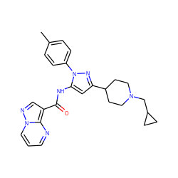 Cc1ccc(-n2nc(C3CCN(CC4CC4)CC3)cc2NC(=O)c2cnn3cccnc23)cc1 ZINC000204760415