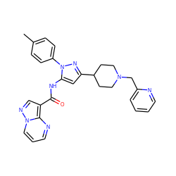 Cc1ccc(-n2nc(C3CCN(Cc4ccccn4)CC3)cc2NC(=O)c2cnn3cccnc23)cc1 ZINC000204763998