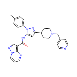 Cc1ccc(-n2nc(C3CCN(Cc4ccncc4)CC3)cc2NC(=O)c2cnn3cccnc23)cc1 ZINC000204776773