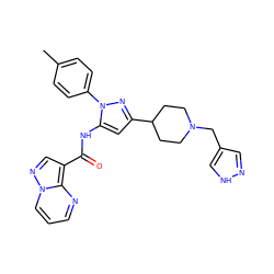 Cc1ccc(-n2nc(C3CCN(Cc4cn[nH]c4)CC3)cc2NC(=O)c2cnn3cccnc23)cc1 ZINC000142501737