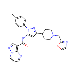 Cc1ccc(-n2nc(C3CCN(Cc4ncco4)CC3)cc2NC(=O)c2cnn3cccnc23)cc1 ZINC000145897136