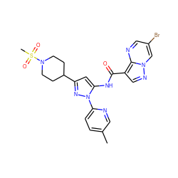 Cc1ccc(-n2nc(C3CCN(S(C)(=O)=O)CC3)cc2NC(=O)c2cnn3cc(Br)cnc23)nc1 ZINC000204756809