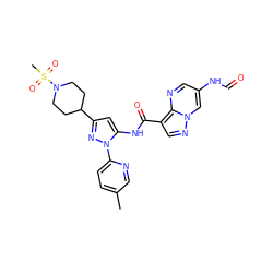 Cc1ccc(-n2nc(C3CCN(S(C)(=O)=O)CC3)cc2NC(=O)c2cnn3cc(NC=O)cnc23)nc1 ZINC000143371645