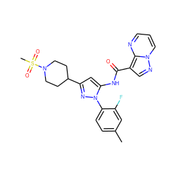 Cc1ccc(-n2nc(C3CCN(S(C)(=O)=O)CC3)cc2NC(=O)c2cnn3cccnc23)c(F)c1 ZINC000204767052