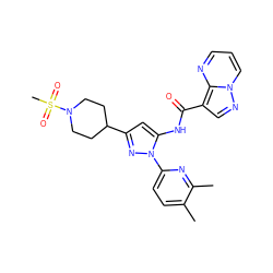 Cc1ccc(-n2nc(C3CCN(S(C)(=O)=O)CC3)cc2NC(=O)c2cnn3cccnc23)nc1C ZINC000204758378