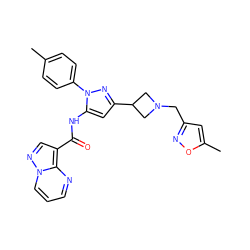 Cc1ccc(-n2nc(C3CN(Cc4cc(C)on4)C3)cc2NC(=O)c2cnn3cccnc23)cc1 ZINC000142389413