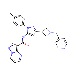 Cc1ccc(-n2nc(C3CN(Cc4ccncc4)C3)cc2NC(=O)c2cnn3cccnc23)cc1 ZINC000204758217