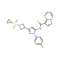 Cc1ccc(-n2nc(C3CN(S(=O)(=O)C4CC4)C3)cc2NC(=O)c2cnn3cccnc23)cc1 ZINC000145874369