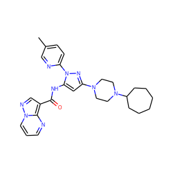 Cc1ccc(-n2nc(N3CCN(C4CCCCCC4)CC3)cc2NC(=O)c2cnn3cccnc23)nc1 ZINC000203762785