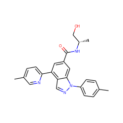 Cc1ccc(-n2ncc3c(-c4ccc(C)cn4)cc(C(=O)N[C@@H](C)CO)cc32)cc1 ZINC000142239091