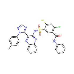 Cc1ccc(-n2ncnc2-c2nc3ccccc3nc2NS(=O)(=O)c2cc(C(=O)Nc3ccccc3)c(Cl)cc2S)cc1 ZINC000098084871