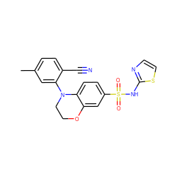 Cc1ccc(C#N)c(N2CCOc3cc(S(=O)(=O)Nc4nccs4)ccc32)c1 ZINC000205733002