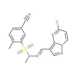 Cc1ccc(C#N)cc1S(=O)(=O)N(C)/N=C/c1cnn2ccc(Cl)nc12 ZINC000473111407