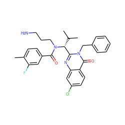 Cc1ccc(C(=O)N(CCCN)[C@@H](c2nc3cc(Cl)ccc3c(=O)n2Cc2ccccc2)C(C)C)cc1F ZINC000028712026