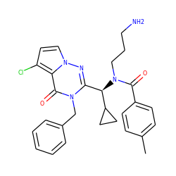 Cc1ccc(C(=O)N(CCCN)[C@H](c2nn3ccc(Cl)c3c(=O)n2Cc2ccccc2)C2CC2)cc1 ZINC000003819776