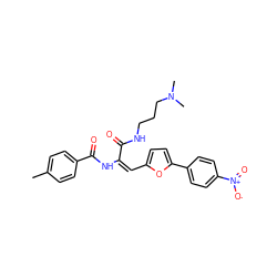 Cc1ccc(C(=O)N/C(=C/c2ccc(-c3ccc([N+](=O)[O-])cc3)o2)C(=O)NCCCN(C)C)cc1 ZINC000002054255