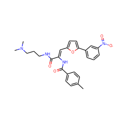 Cc1ccc(C(=O)N/C(=C\c2ccc(-c3cccc([N+](=O)[O-])c3)o2)C(=O)NCCCN(C)C)cc1 ZINC000012732678