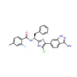 Cc1ccc(C(=O)N[C@@H](Cc2ccccc2)c2nc(-c3ccc4c(N)n[nH]c4c3)c(Cl)[nH]2)c(F)c1 ZINC000113720194