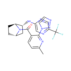 Cc1ccc(C(=O)N2[C@H]3CC[C@H]2[C@H](Nc2cnc(C(F)(F)F)cn2)C3)c(-n2ccnn2)n1 ZINC000221058772