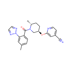 Cc1ccc(C(=O)N2C[C@H](Oc3cc(C#N)ccn3)CC[C@H]2C)c(-n2nccn2)c1 ZINC000096167285