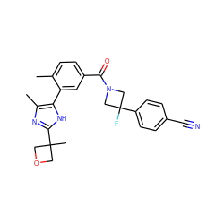 Cc1ccc(C(=O)N2CC(F)(c3ccc(C#N)cc3)C2)cc1-c1[nH]c(C2(C)COC2)nc1C ZINC000142763827