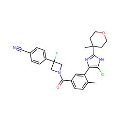 Cc1ccc(C(=O)N2CC(F)(c3ccc(C#N)cc3)C2)cc1-c1nc(C2(C)CCOCC2)[nH]c1Cl ZINC000220788187