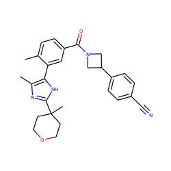 Cc1ccc(C(=O)N2CC(c3ccc(C#N)cc3)C2)cc1-c1[nH]c(C2(C)CCOCC2)nc1C ZINC000142706662