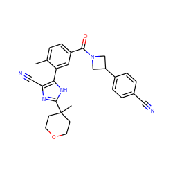 Cc1ccc(C(=O)N2CC(c3ccc(C#N)cc3)C2)cc1-c1[nH]c(C2(C)CCOCC2)nc1C#N ZINC000218958243