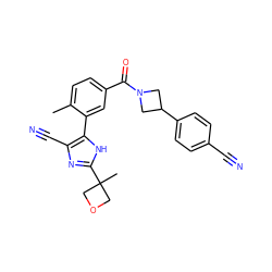 Cc1ccc(C(=O)N2CC(c3ccc(C#N)cc3)C2)cc1-c1[nH]c(C2(C)COC2)nc1C#N ZINC000219036523