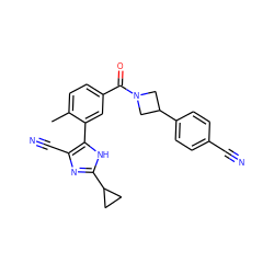 Cc1ccc(C(=O)N2CC(c3ccc(C#N)cc3)C2)cc1-c1[nH]c(C2CC2)nc1C#N ZINC000219057616