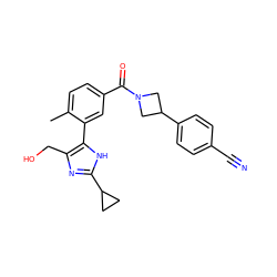 Cc1ccc(C(=O)N2CC(c3ccc(C#N)cc3)C2)cc1-c1[nH]c(C2CC2)nc1CO ZINC000142711378