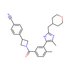 Cc1ccc(C(=O)N2CC(c3ccc(C#N)cc3)C2)cc1-c1[nH]c(CC2CCOCC2)nc1C ZINC000141869644