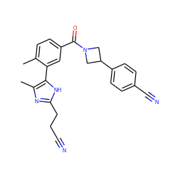 Cc1ccc(C(=O)N2CC(c3ccc(C#N)cc3)C2)cc1-c1[nH]c(CCC#N)nc1C ZINC000142890806