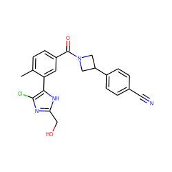 Cc1ccc(C(=O)N2CC(c3ccc(C#N)cc3)C2)cc1-c1[nH]c(CO)nc1Cl ZINC000142915325